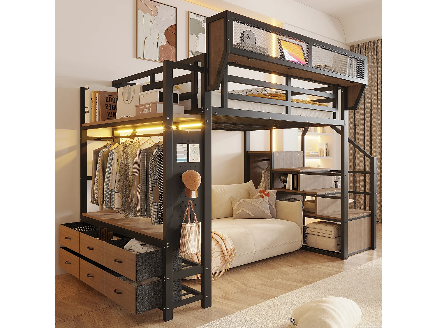 Lit mezzanine 140x200 cm avec LED et rangements, tiroirs et tringle de penderie, en métal, noir, sans matelas
