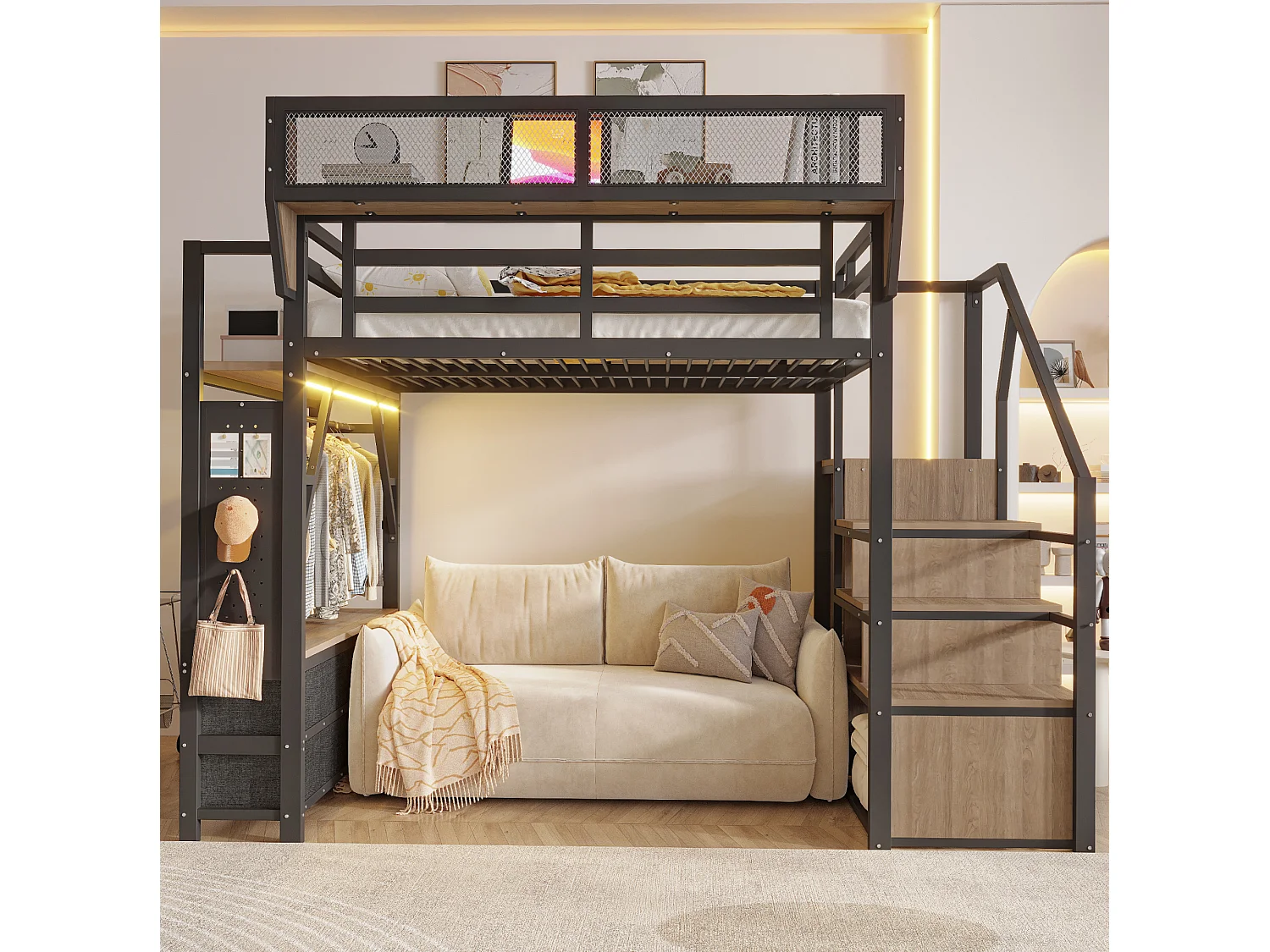 Lit mezzanine 140x200 cm avec LED et rangements, tiroirs et tringle de penderie, en métal, noir, sans matelas
