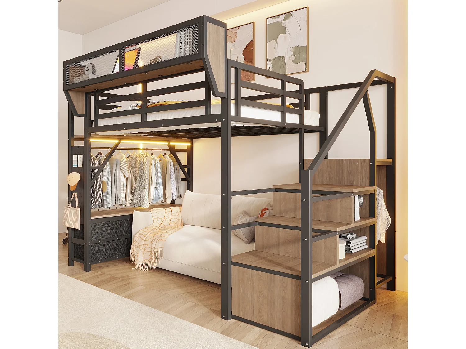 Lit mezzanine 140x200 cm avec LED et rangements, tiroirs et tringle de penderie, en métal, noir, sans matelas