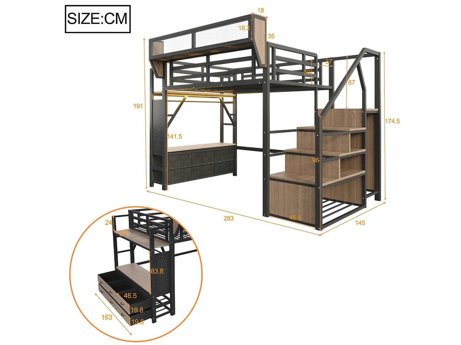 Lit mezzanine 140x200 cm avec LED et rangements, tiroirs et tringle de penderie, en métal, noir, sans matelas