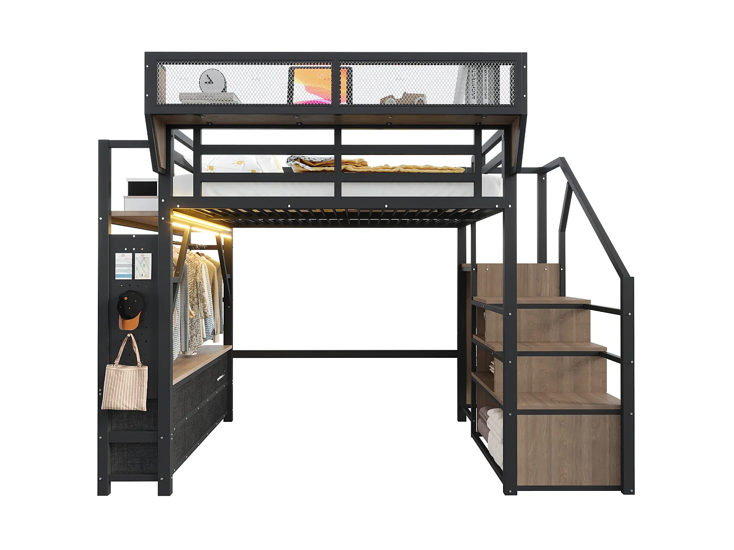 Lit mezzanine 140x200 cm avec LED et rangements, tiroirs et tringle de penderie, en métal, noir, sans matelas
