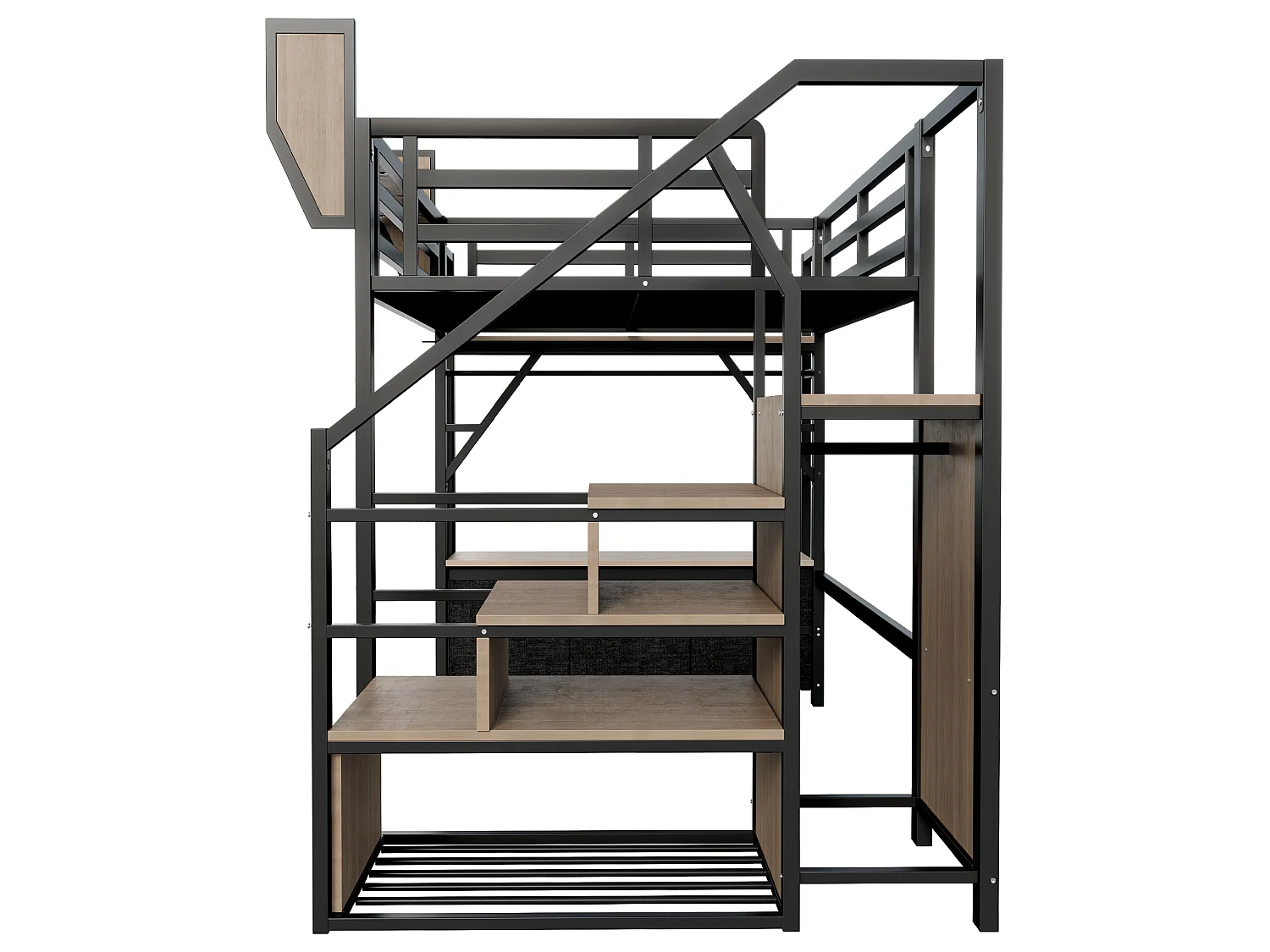 Lit mezzanine 140x200 cm avec LED et rangements, tiroirs et tringle de penderie, en métal, noir, sans matelas