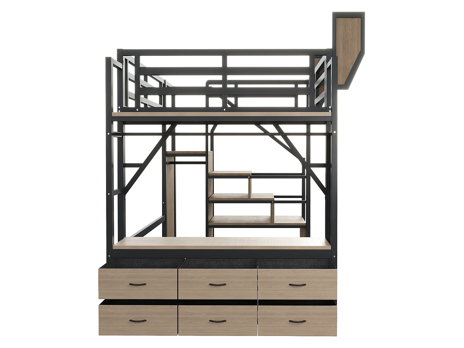 Lit mezzanine 140x200 cm avec LED et rangements, tiroirs et tringle de penderie, en métal, noir, sans matelas
