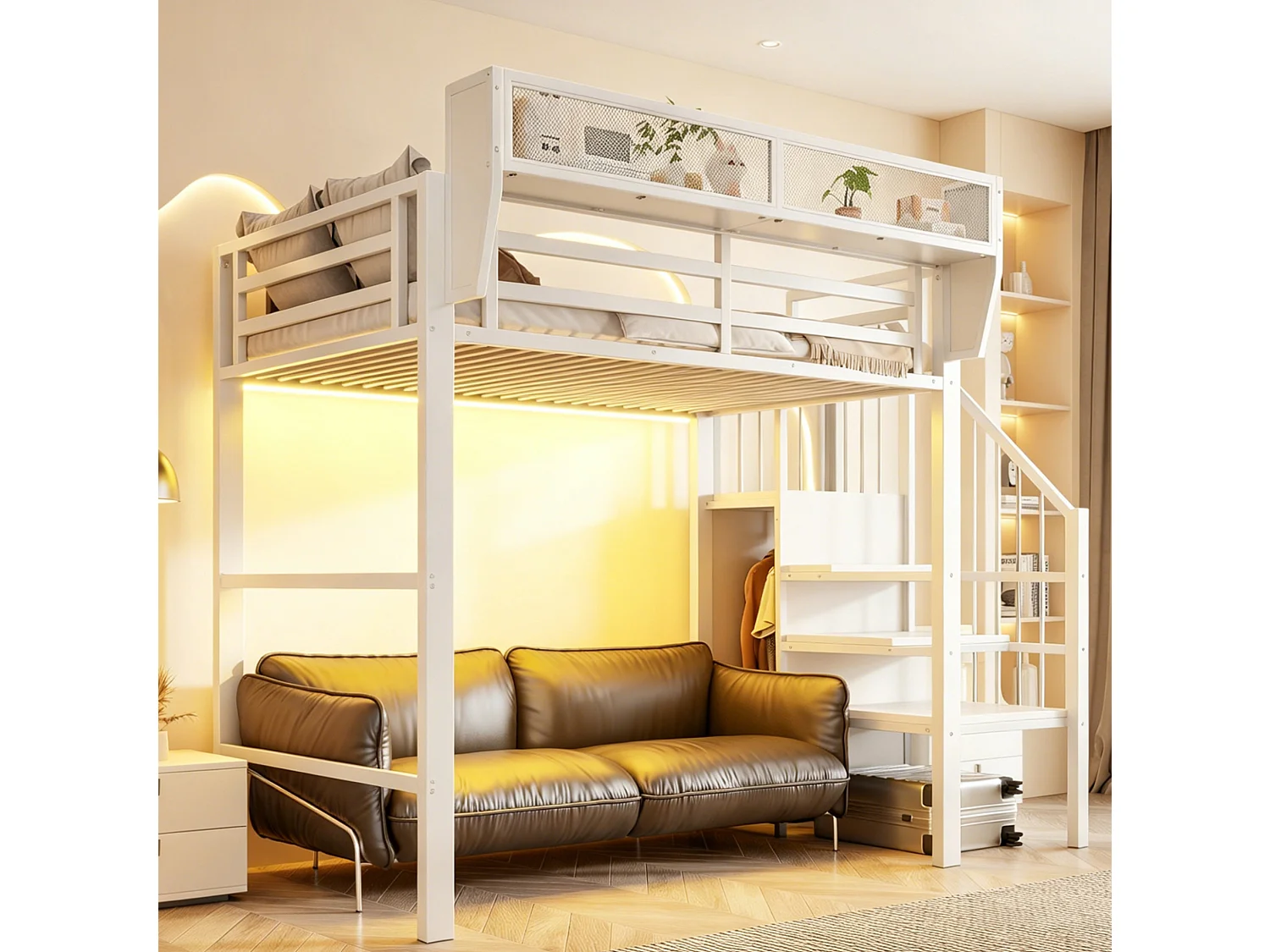Lit mezzanine 90x200 cm avec LED, étagère modulable et échelle de sécurité, en métal, blanc, sans matelas