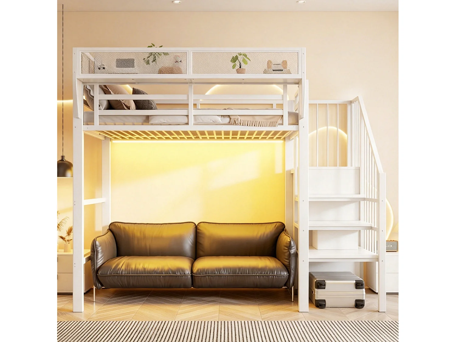 Lit mezzanine 90x200 cm avec LED, étagère modulable et échelle de sécurité, en métal, blanc, sans matelas