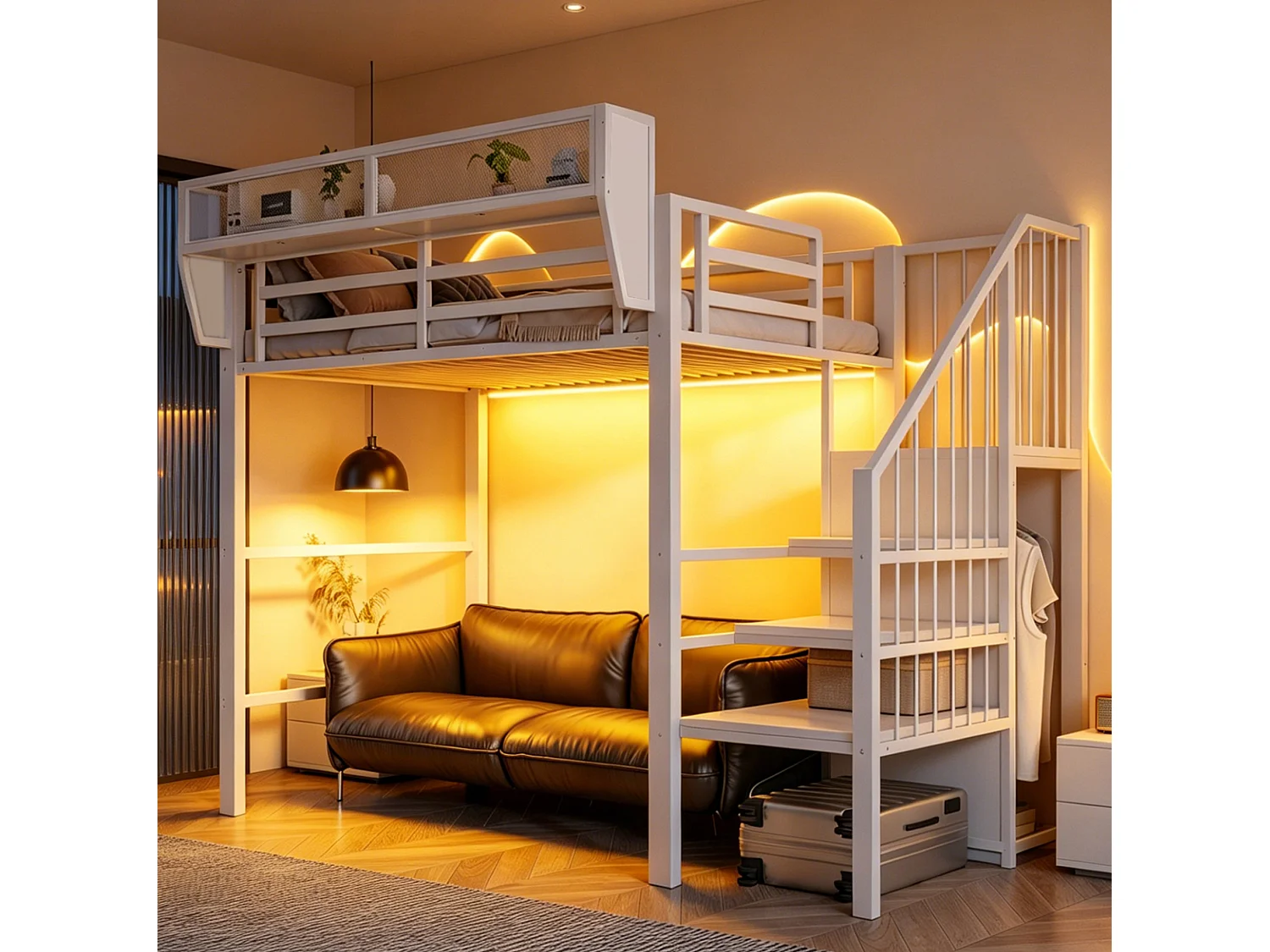 Lit mezzanine 90x200 cm avec LED, étagère modulable et échelle de sécurité, en métal, blanc, sans matelas