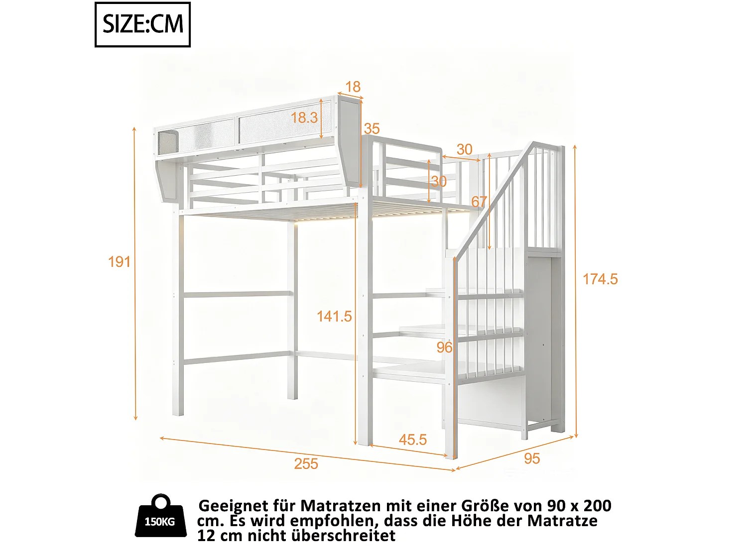 Lit mezzanine 90x200 cm avec LED, étagère modulable et échelle de sécurité, en métal, blanc, sans matelas
