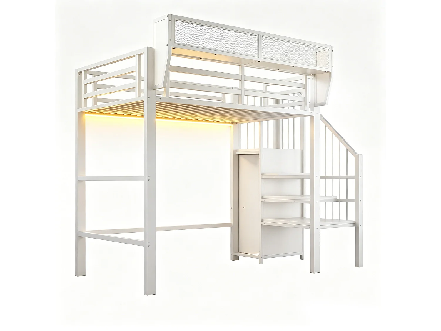Lit mezzanine 90x200 cm avec LED, étagère modulable et échelle de sécurité, en métal, blanc, sans matelas