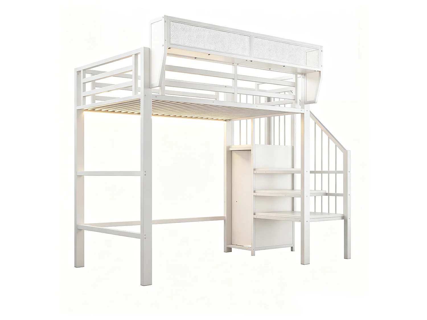 Lit mezzanine 90x200 cm avec LED, étagère modulable et échelle de sécurité, en métal, blanc, sans matelas