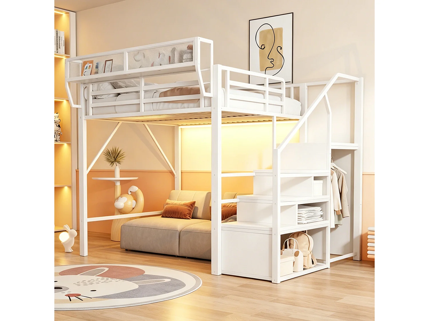 Lit mezzanine 140x200 cm avec LED et étagère modulable, échelle de sécurité, en métal, blanc, sans matelas