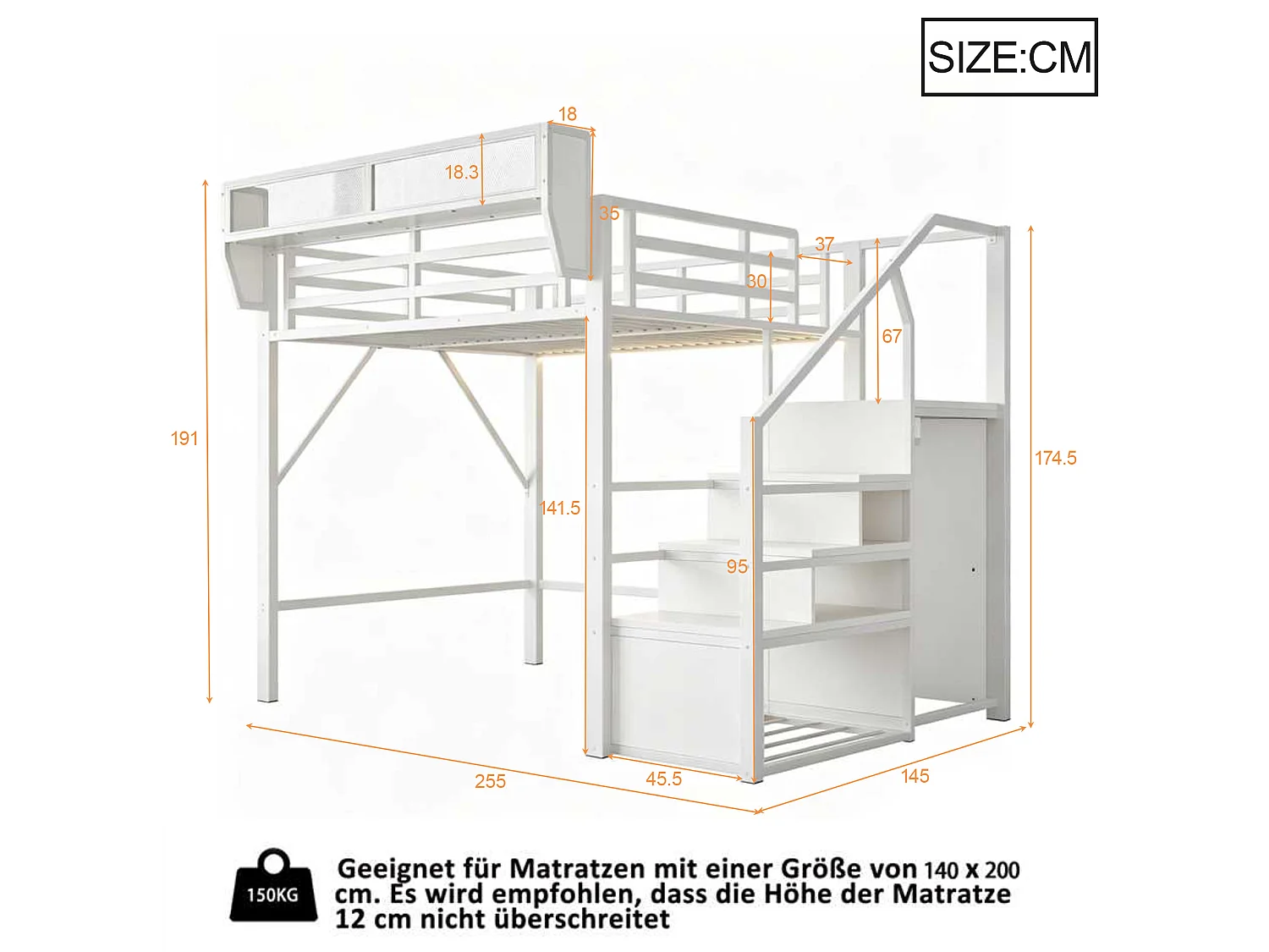 Lit mezzanine 140x200 cm avec LED et étagère modulable, échelle de sécurité, en métal, blanc, sans matelas