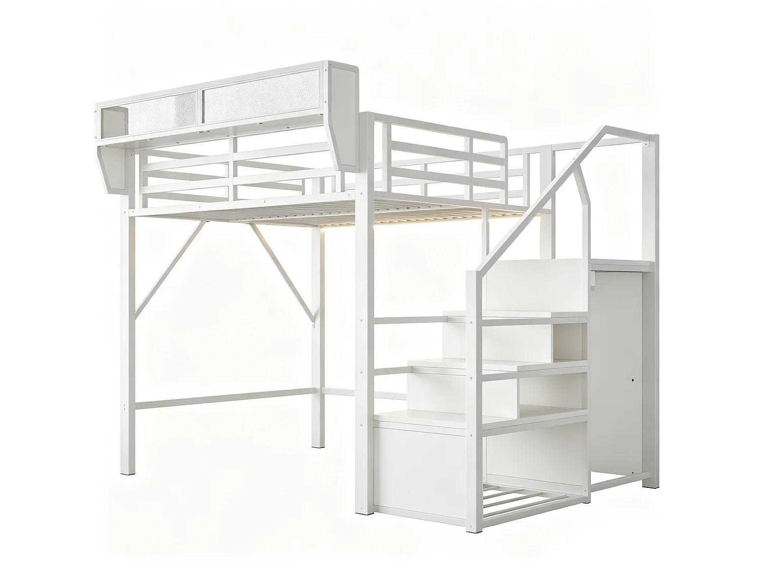 Lit mezzanine 140x200 cm avec LED et étagère modulable, échelle de sécurité, en métal, blanc, sans matelas