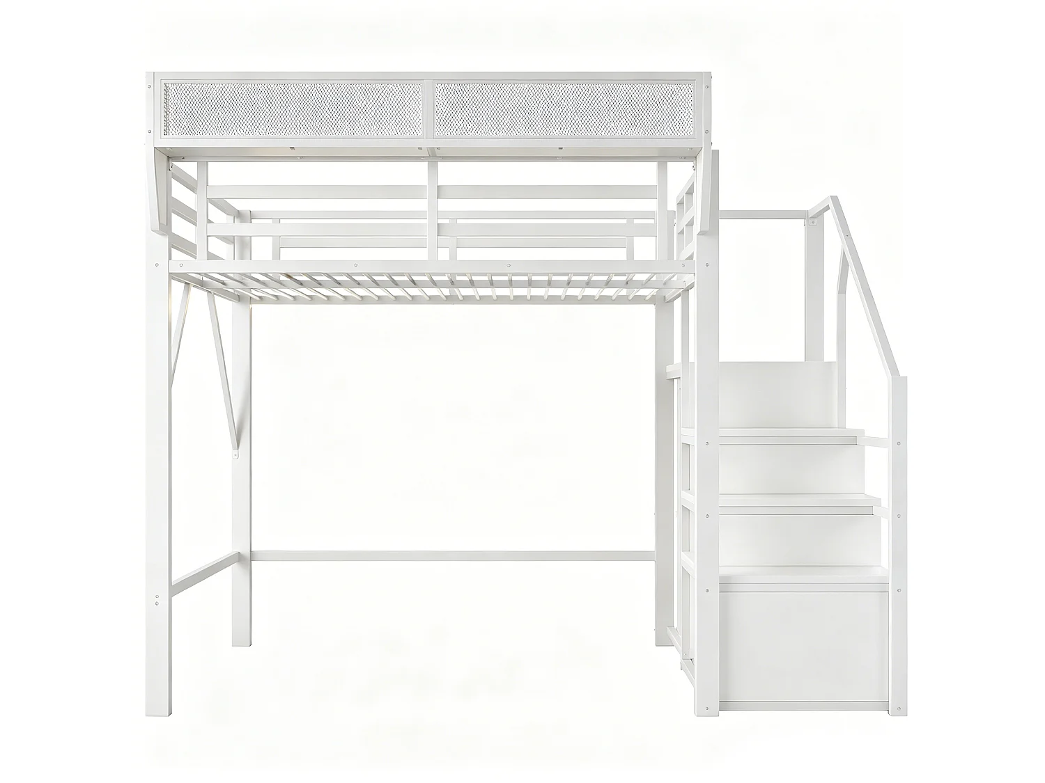 Lit mezzanine 140x200 cm avec LED et étagère modulable, échelle de sécurité, en métal, blanc, sans matelas