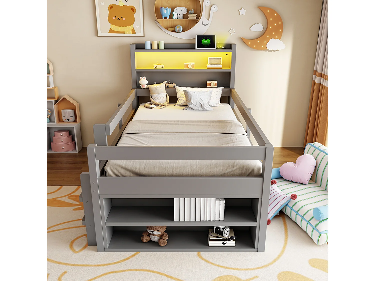 Lit enfant 90x200 cm, avec LED et rangements, ports USB et Type-C, en bois, gris, sans matelas