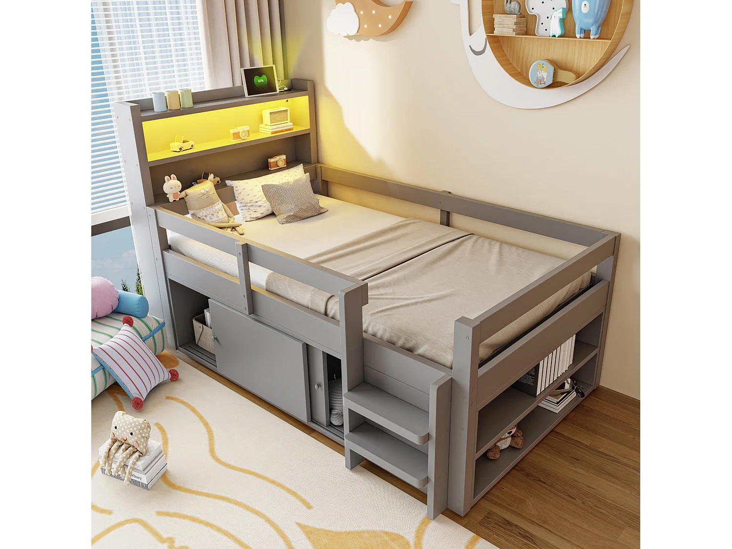 Lit enfant 90x200 cm, avec LED et rangements, ports USB et Type-C, en bois, gris, sans matelas