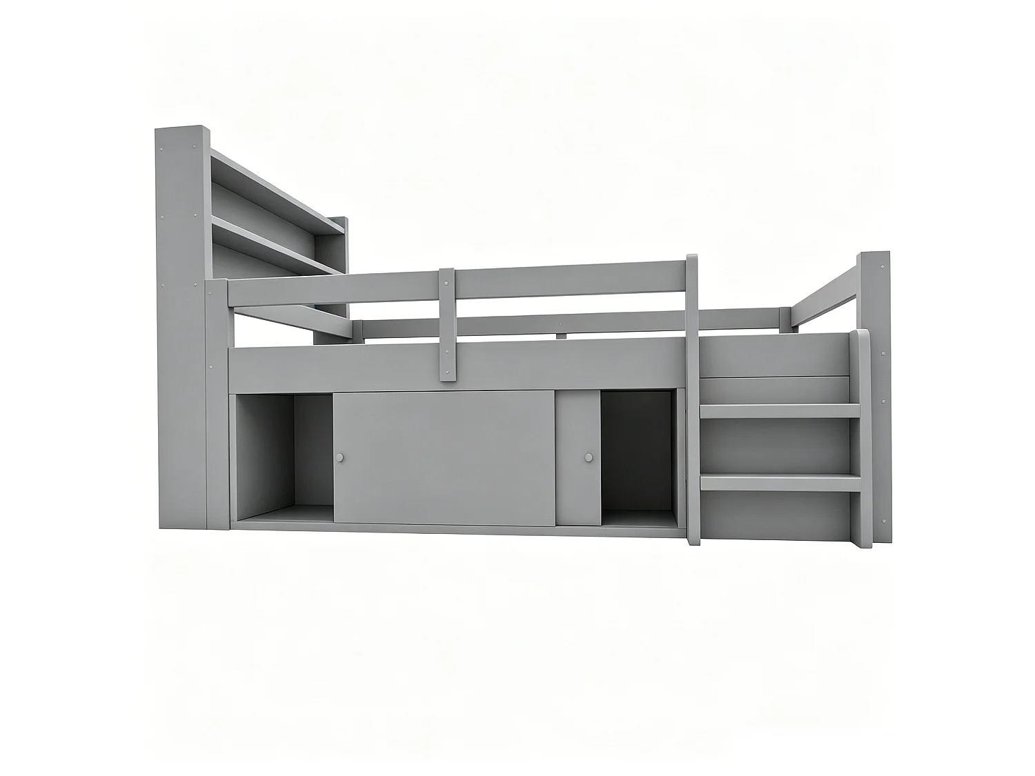 Lit enfant 90x200 cm, avec LED et rangements, ports USB et Type-C, en bois, gris, sans matelas