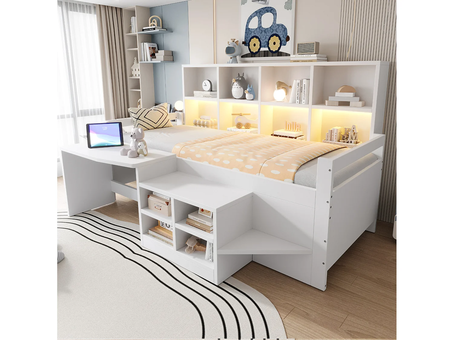 Lit enfant 90x200 cm avec bureau, rangements et LED, en bois, blanc, sans matelas
