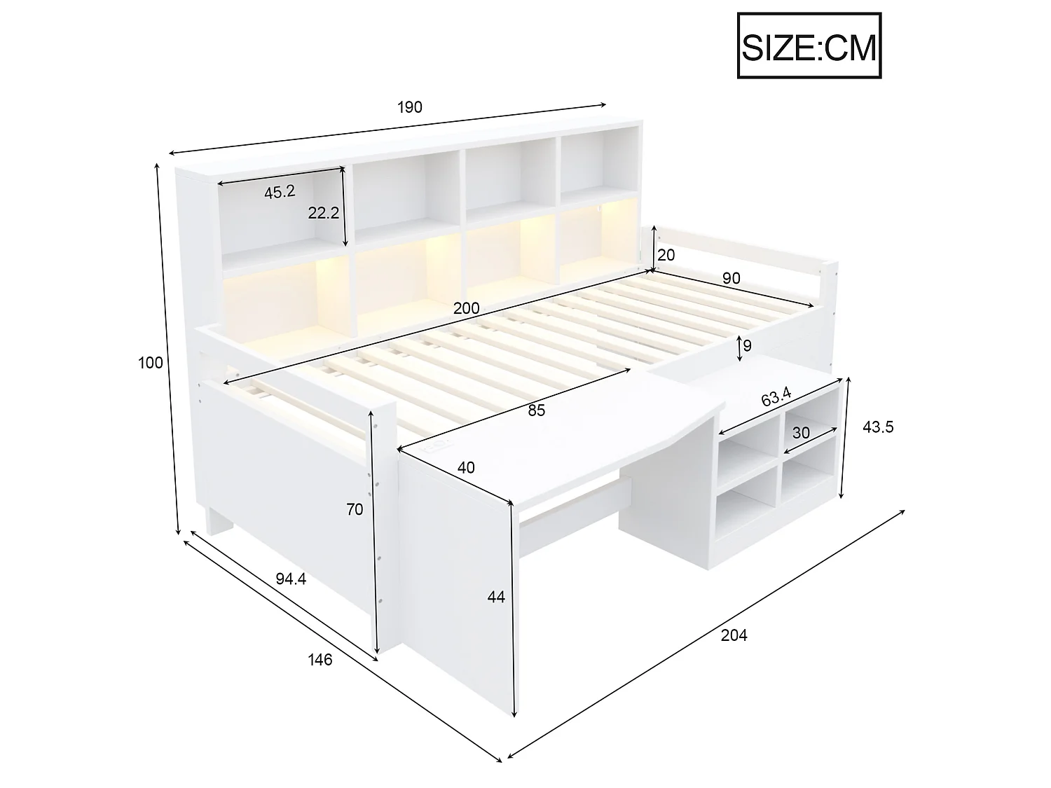 Lit enfant 90x200 cm avec bureau, rangements et LED, en bois, blanc, sans matelas