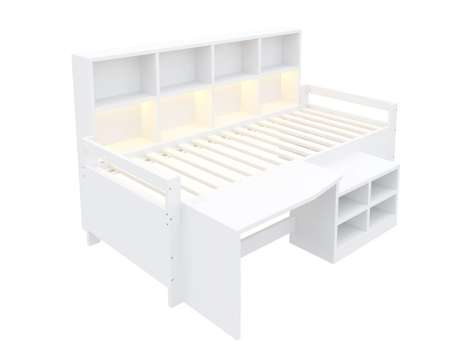 Lit enfant 90x200 cm avec bureau, rangements et LED, en bois, blanc, sans matelas