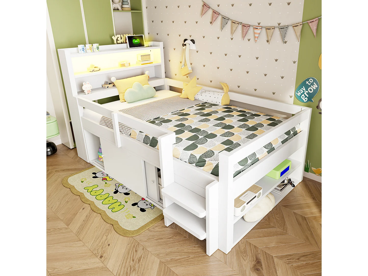 Lit enfant 90x200 cm, avec LED et rangements, ports USB et Type-C, en bois, blanc, sans matelas