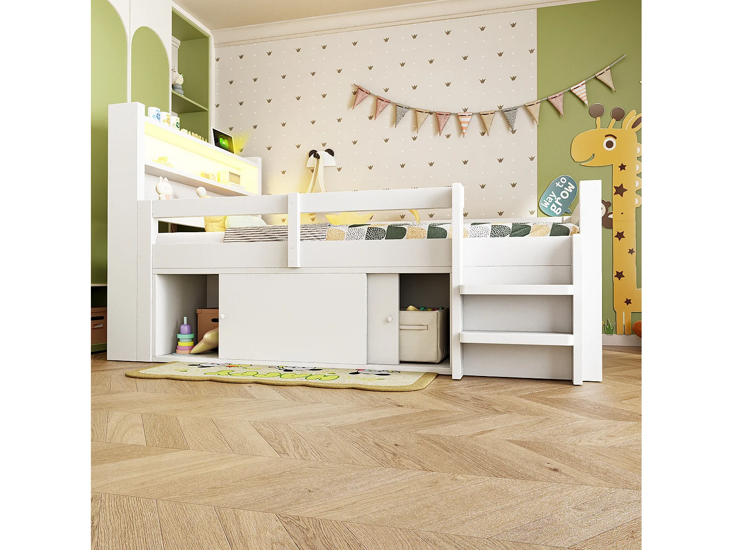 Lit enfant 90x200 cm, avec LED et rangements, ports USB et Type-C, en bois, blanc, sans matelas