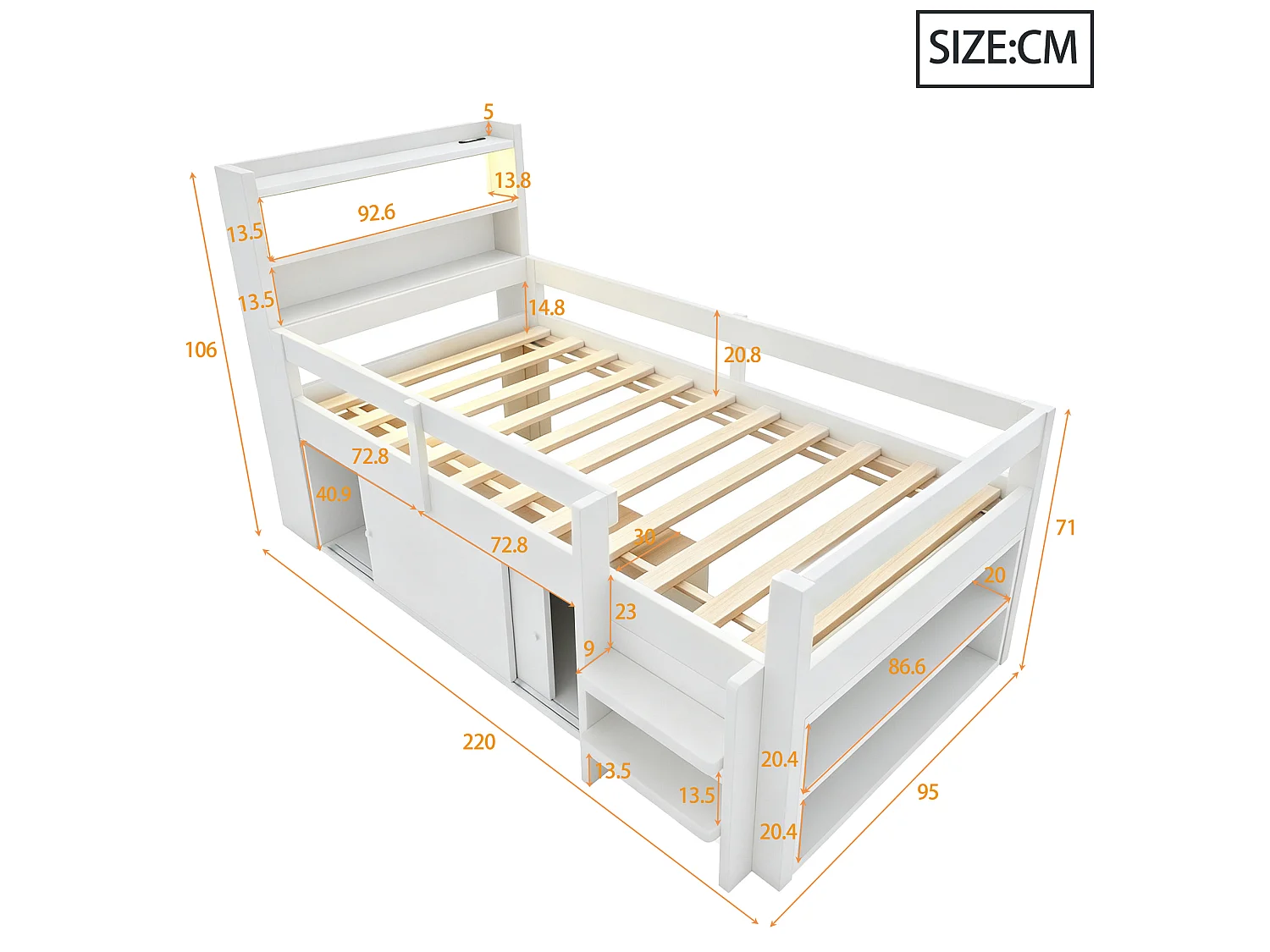 Lit enfant 90x200 cm, avec LED et rangements, ports USB et Type-C, en bois, blanc, sans matelas