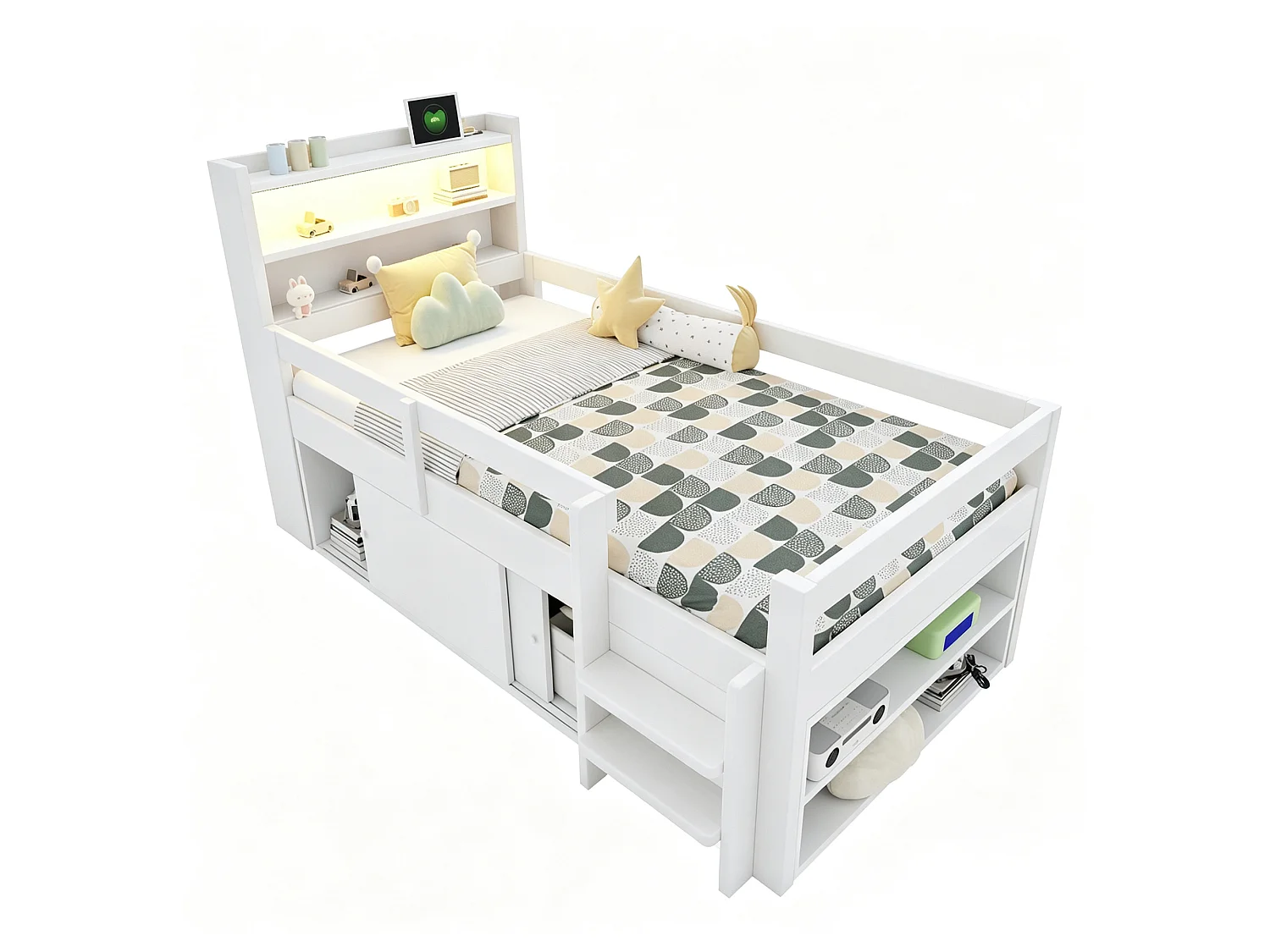 Lit enfant 90x200 cm, avec LED et rangements, ports USB et Type-C, en bois, blanc, sans matelas