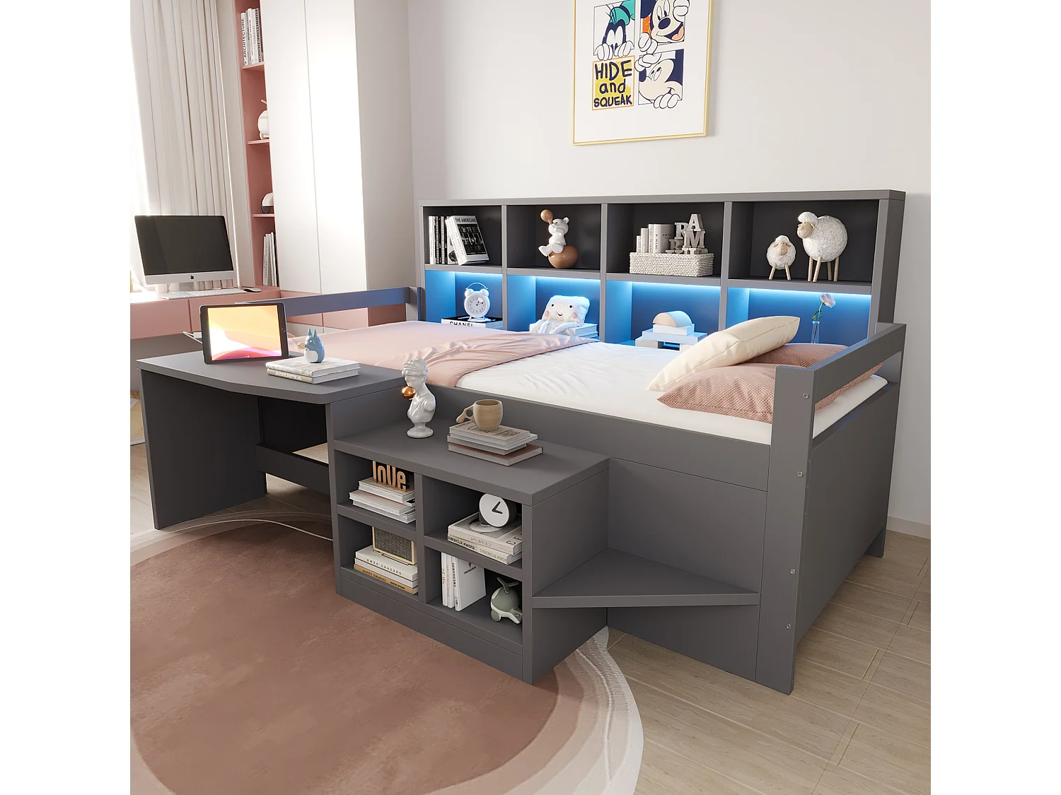 Lit enfant 90x200 cm avec bureau, rangements et LED, en bois, gris, sans matelas