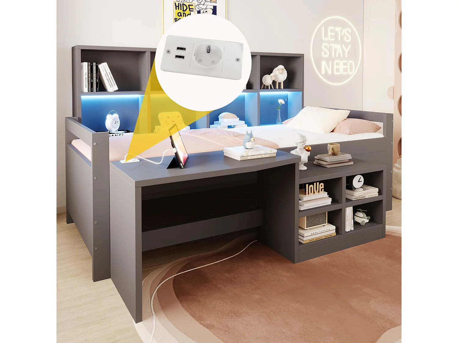 Lit enfant 90x200 cm avec bureau, rangements et LED, en bois, gris, sans matelas