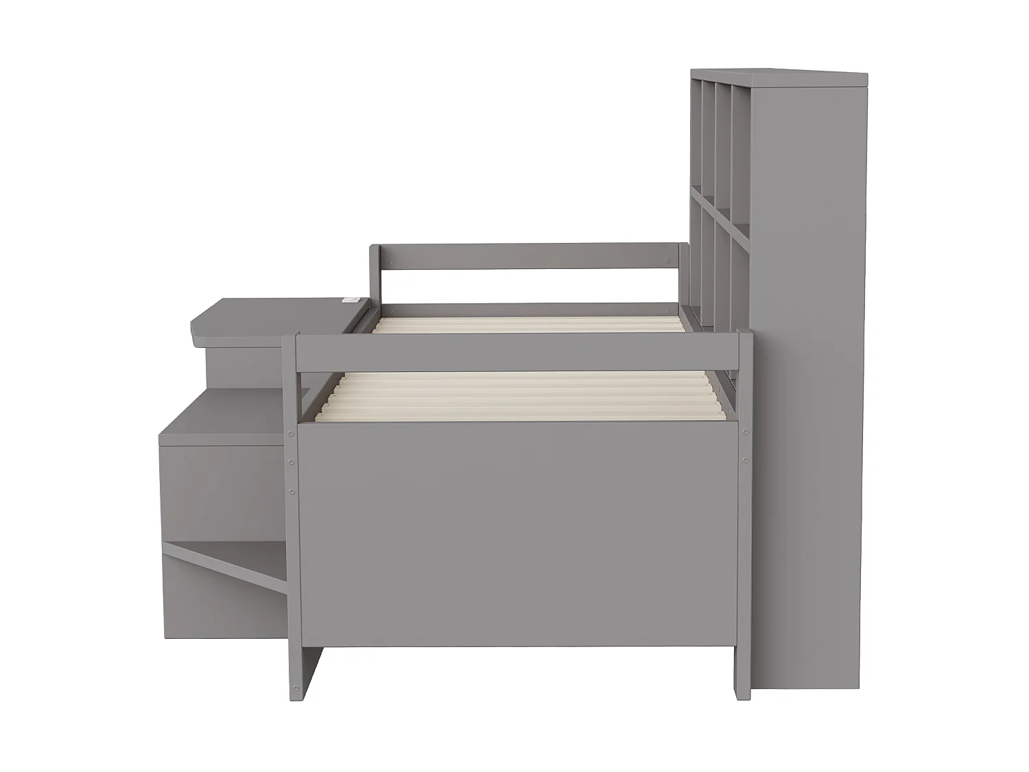 Lit enfant 90x200 cm avec bureau, rangements et LED, en bois, gris, sans matelas