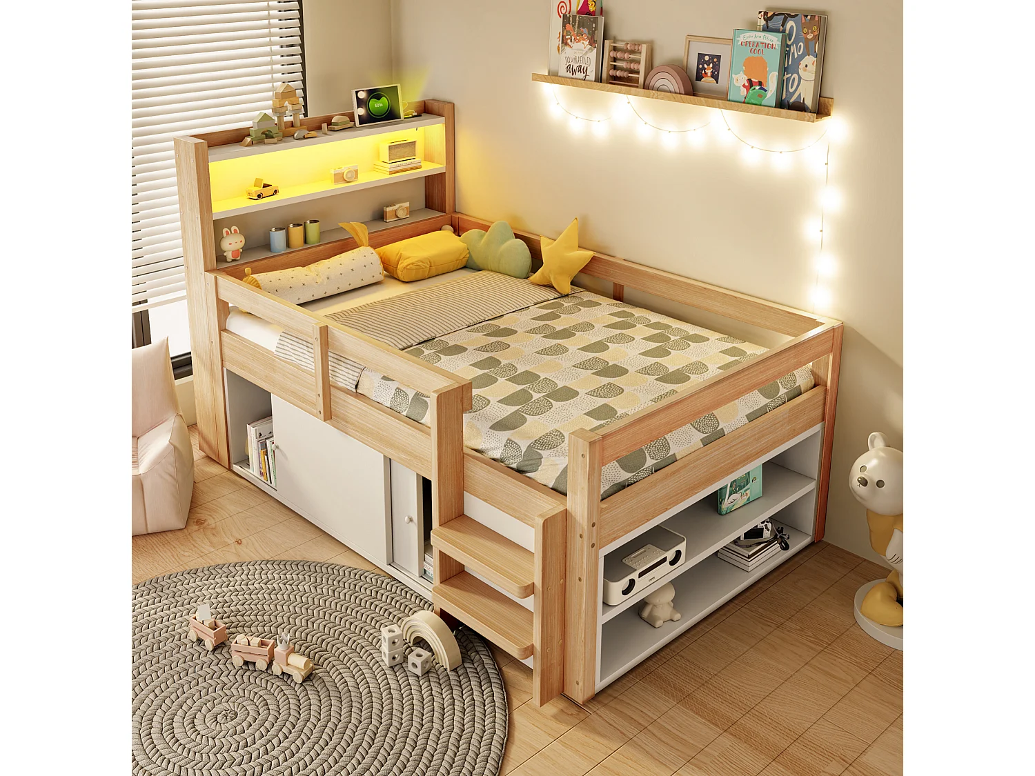 Lit enfant 90x200 cm, avec LED et rangements, ports USB et Type-C, en bois, naturel, sans matelas