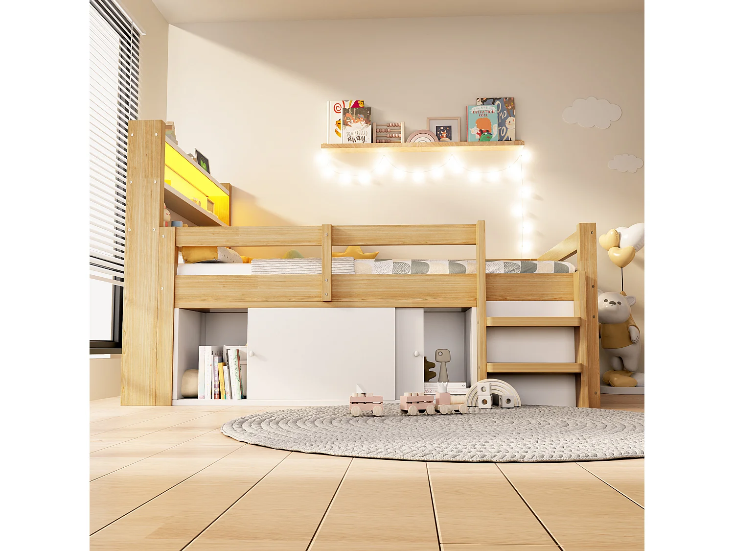 Lit enfant 90x200 cm, avec LED et rangements, ports USB et Type-C, en bois, naturel, sans matelas