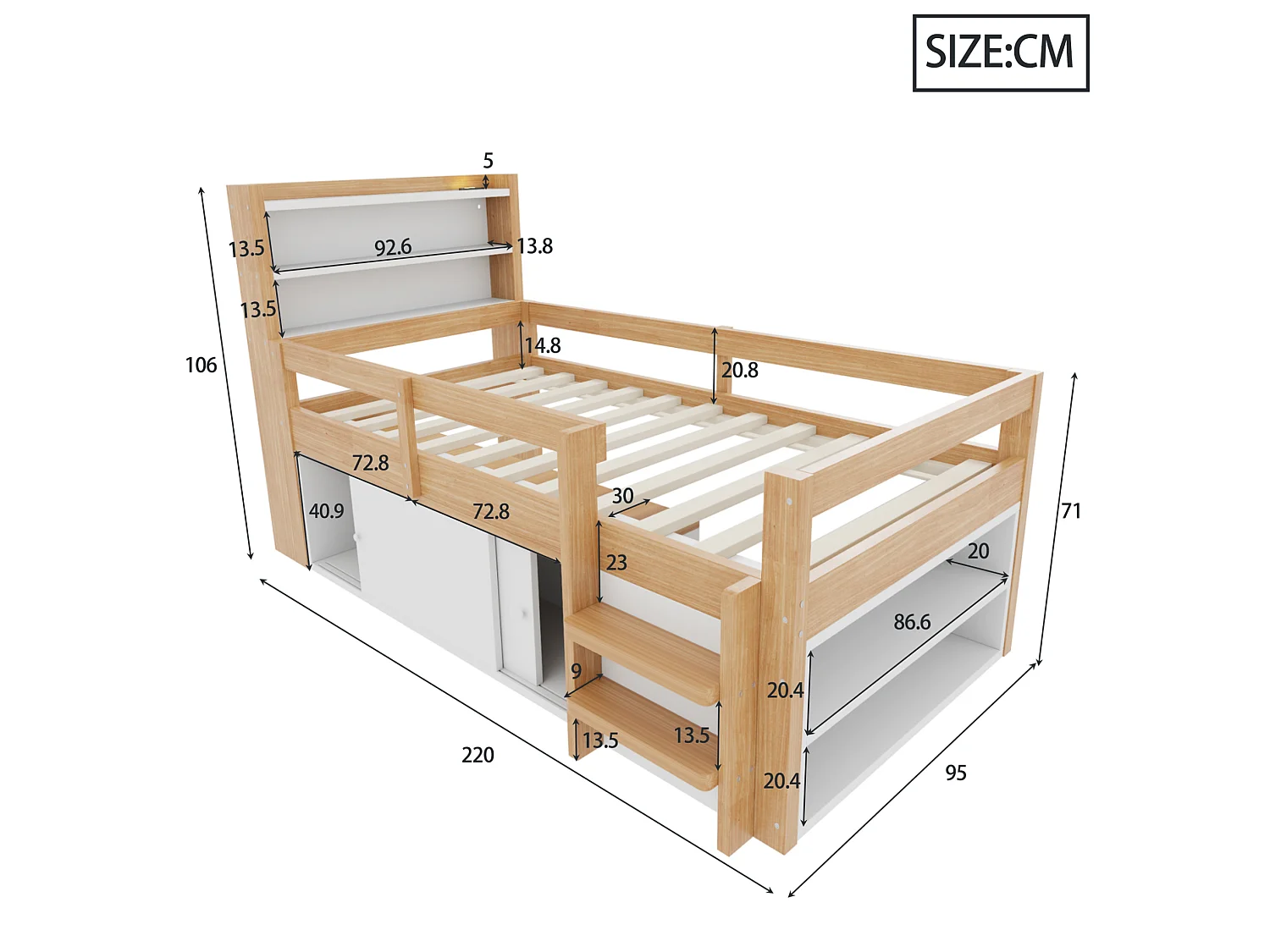 Lit enfant 90x200 cm, avec LED et rangements, ports USB et Type-C, en bois, naturel, sans matelas