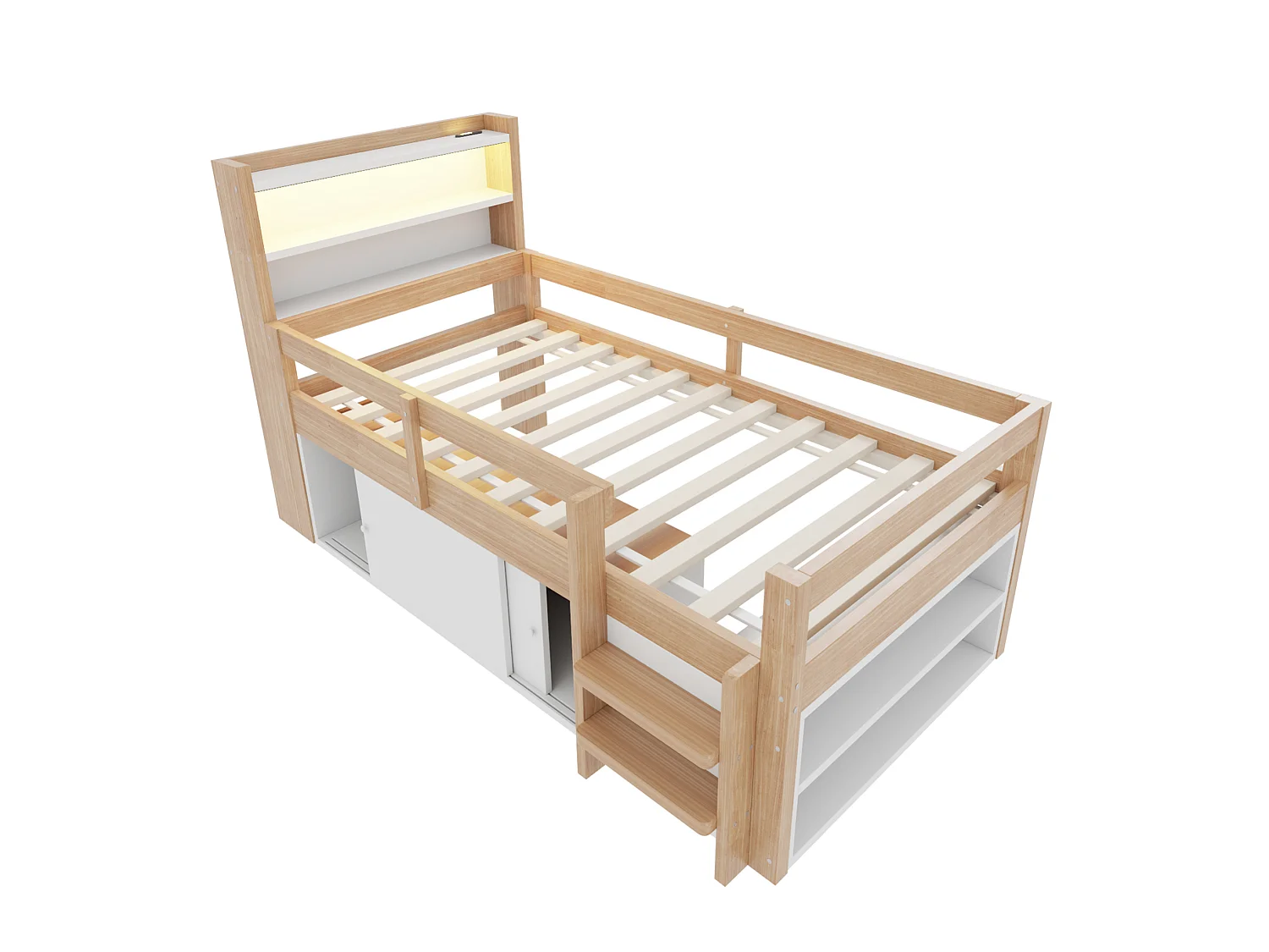 Lit enfant 90x200 cm, avec LED et rangements, ports USB et Type-C, en bois, naturel, sans matelas
