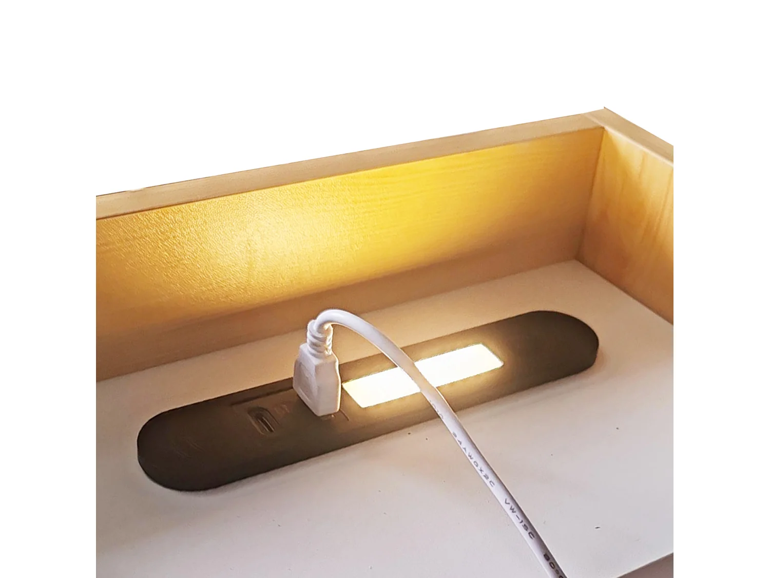 Lit enfant 90x200 cm, avec LED et rangements, ports USB et Type-C, en bois, naturel, sans matelas