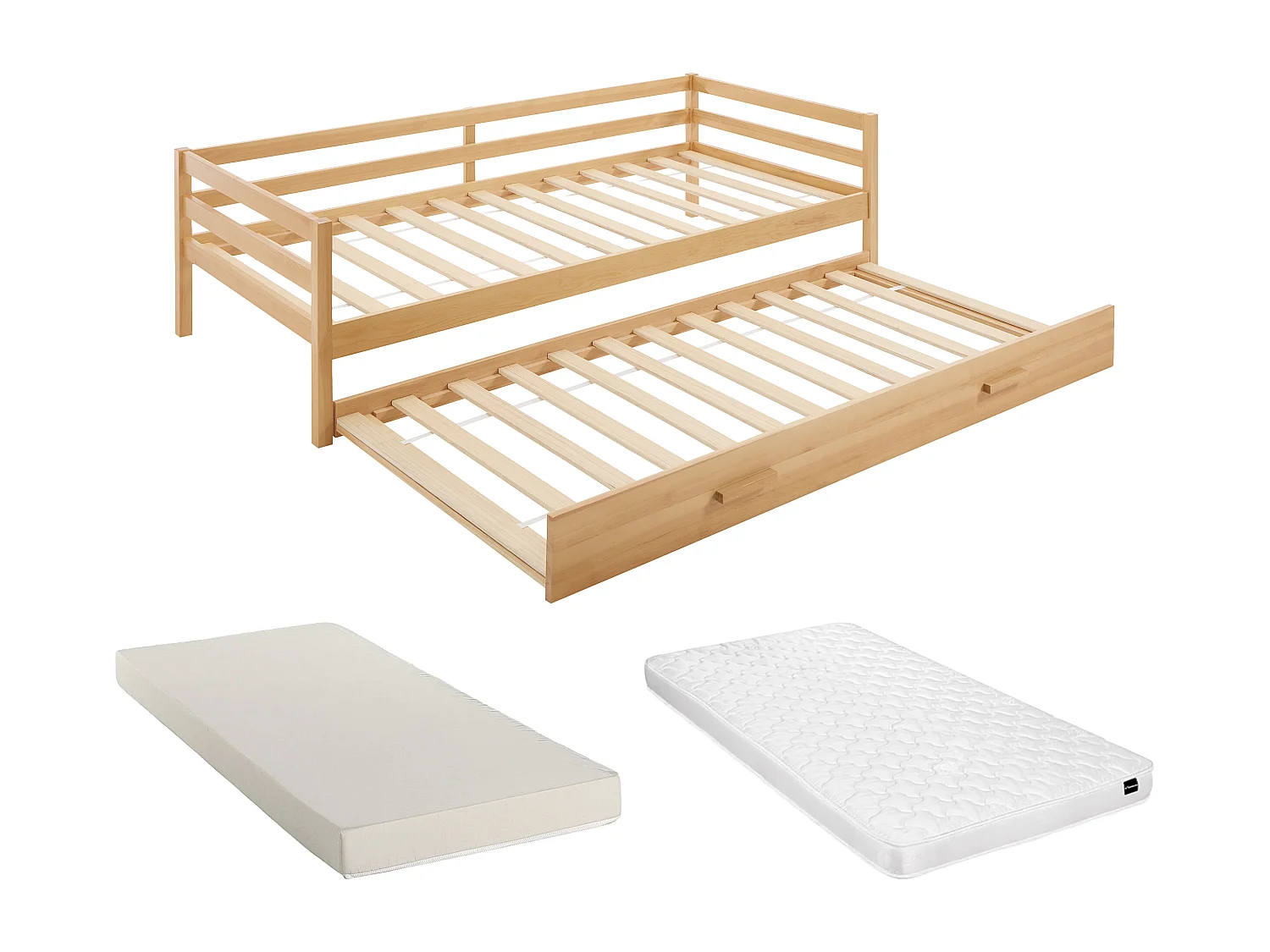 Lit gigogne – 2 x 90 x 190 cm – Pin massif et MDF – Coloris : Naturel + Matelas - AEDAN II