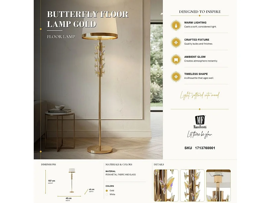 Lampadaire Design "Gold Butterfly" 157cm Or & Blanc