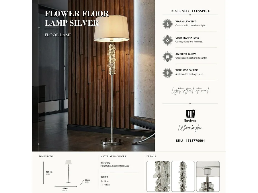 Lampadaire "Flower" 157cm Argent & Blanc