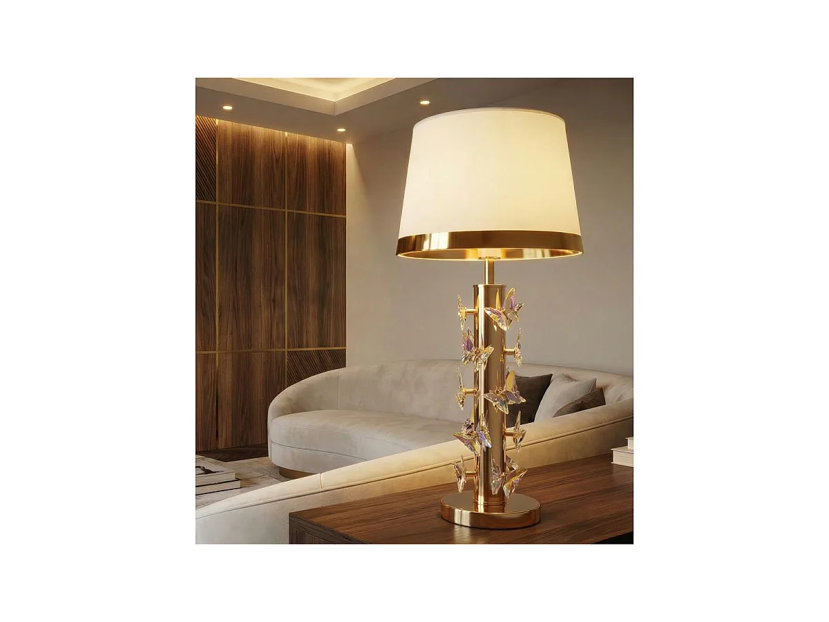 Gouden vlinder tafellamp met glamourdesign - Gouden voet, witte lampenkap en decoratieve vlinders - Ø 35x74 cm