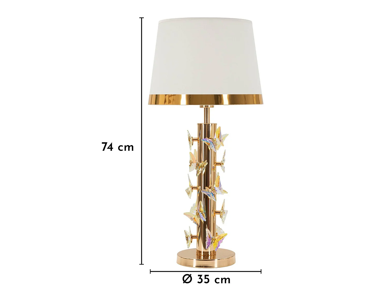 Gouden vlinder tafellamp met glamourdesign - Gouden voet, witte lampenkap en decoratieve vlinders - Ø 35x74 cm