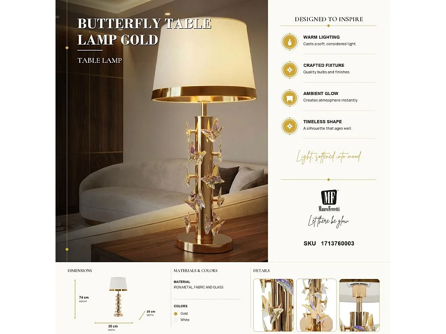 Gouden vlinder tafellamp met glamourdesign - Gouden voet, witte lampenkap en decoratieve vlinders - Ø 35x74 cm