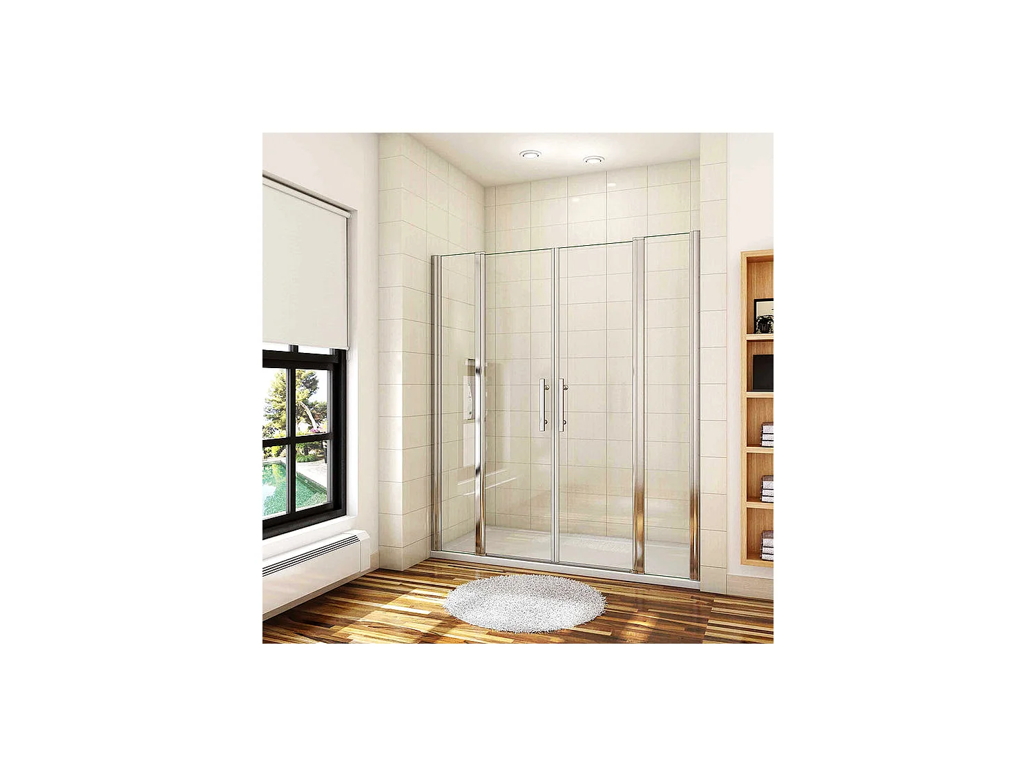 Porte de douche battante H.197cm largeur réglable 144 à 149.4cm, paroi pivotante 180° - Avec 2 éléments fixes - 6mm verre transparent