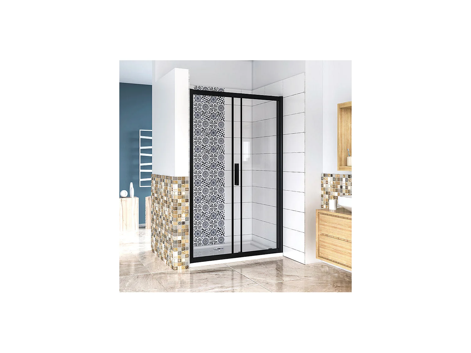 Porte de douche 160x195cm avec l'amortisseur - Noir Mat - Porte de douche coulissante en 8mm verre anticalcaire