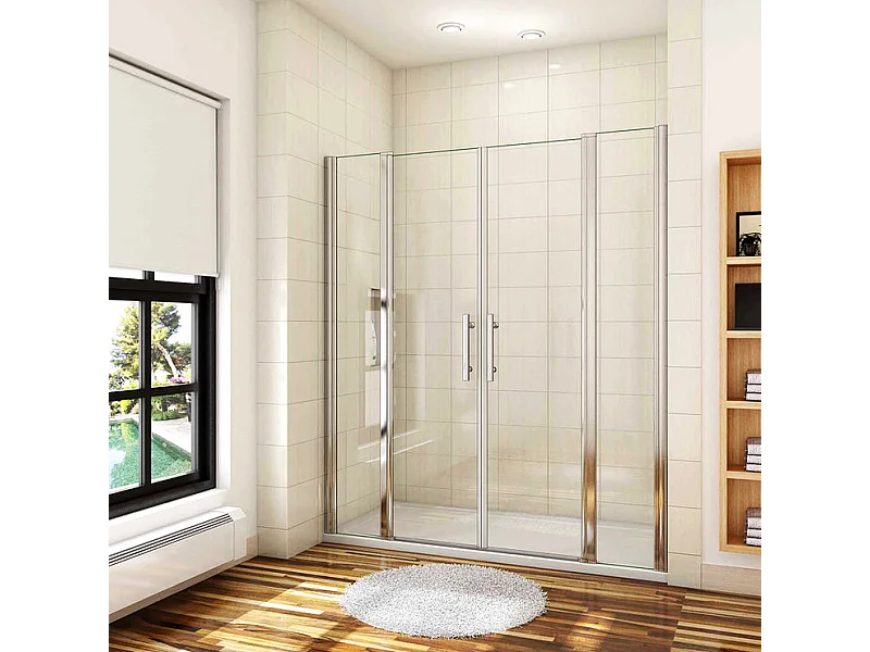 Porte de douche battante H.187cm largeur réglable 174 à 179.4cm, paroi pivotante 180° - Avec 2 éléments fixes - 6mm verre transparent