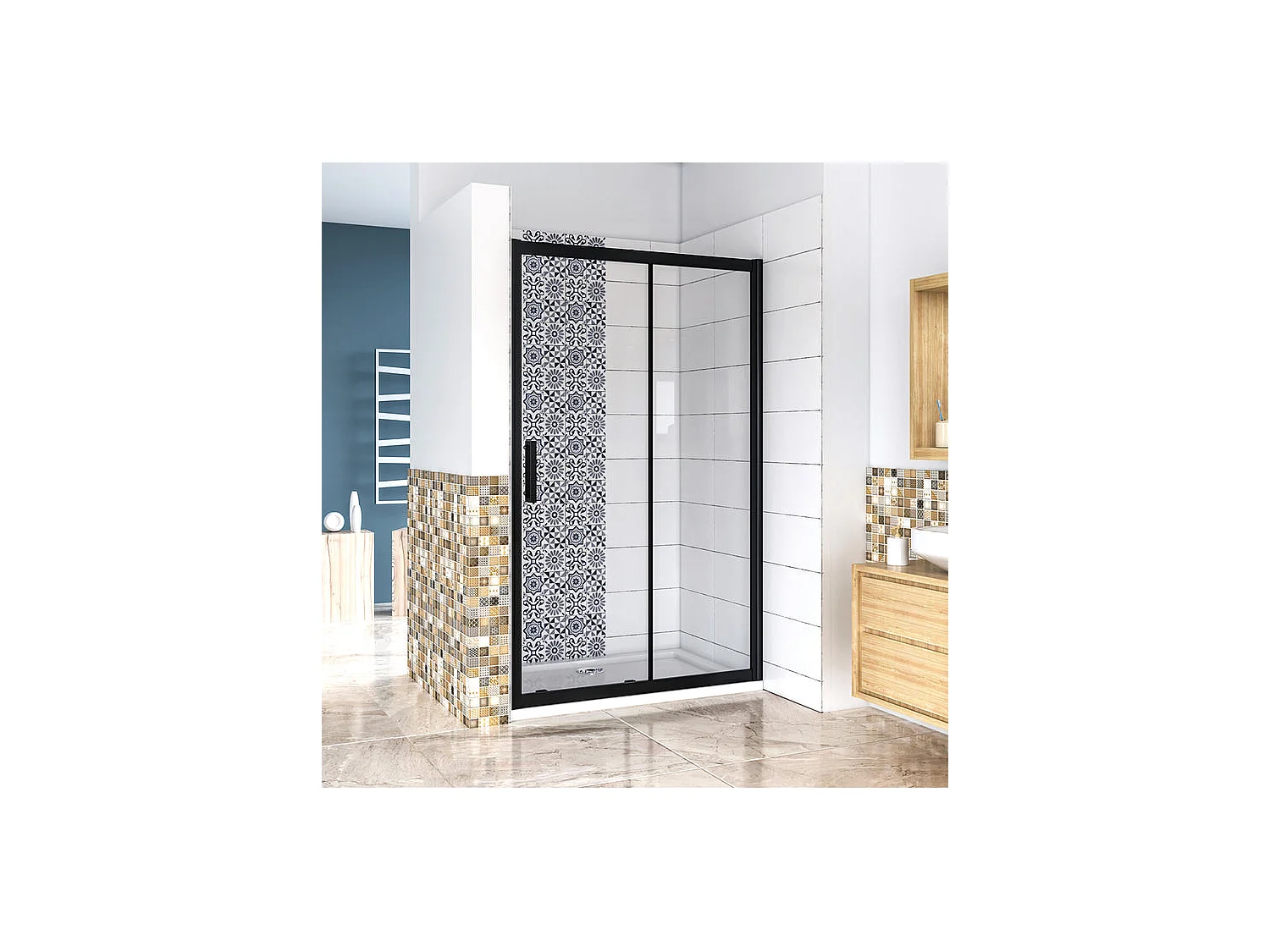 Douchedeur 140x195cm, met schokdemper mat zwart -8mm glazen schuifdeur