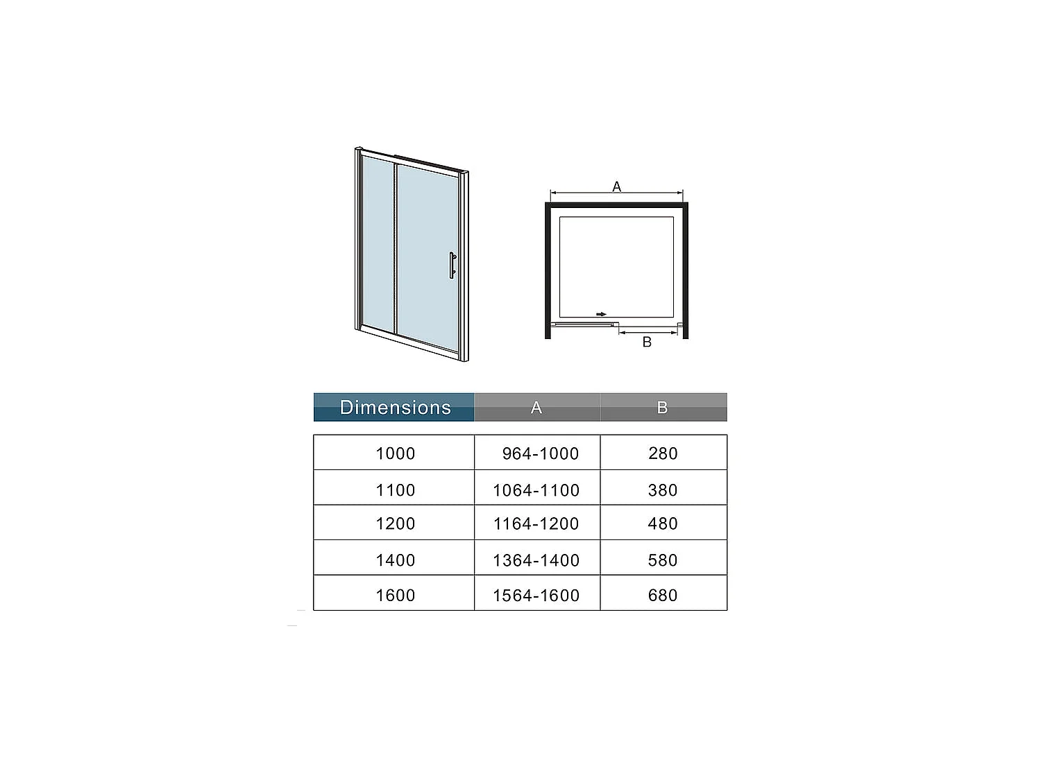 Douchedeur 140x195cm, met schokdemper mat zwart -8mm glazen schuifdeur