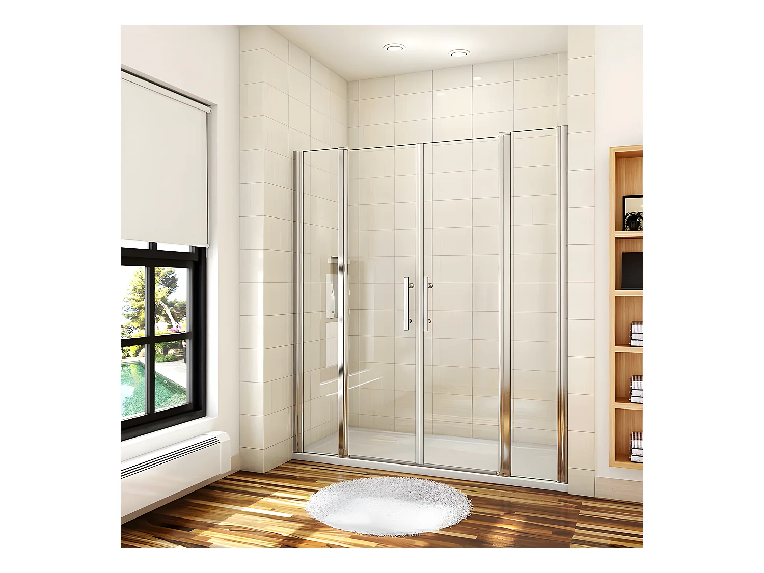 Porte de douche battante H.187cm largeur réglable 159 à 164.4cm, paroi pivotante 180° - Avec 2 éléments fixes - 6mm verre transparent