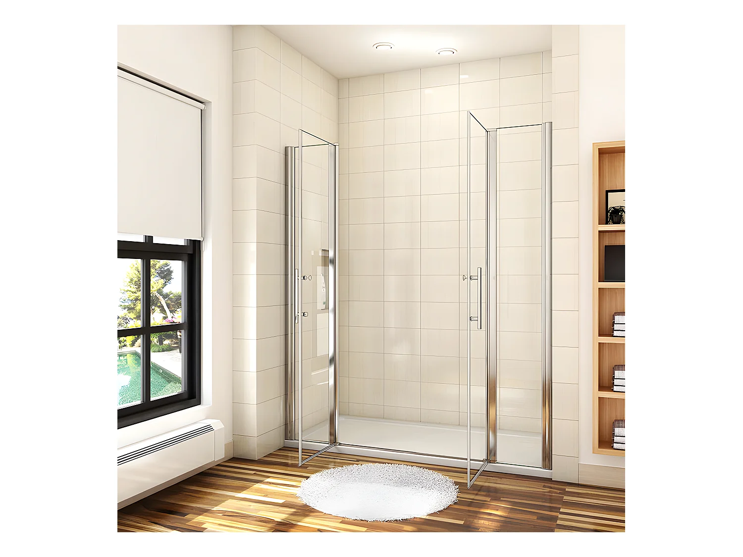 Porte de douche battante H.187cm largeur réglable 159 à 164.4cm, paroi pivotante 180° - Avec 2 éléments fixes - 6mm verre transparent