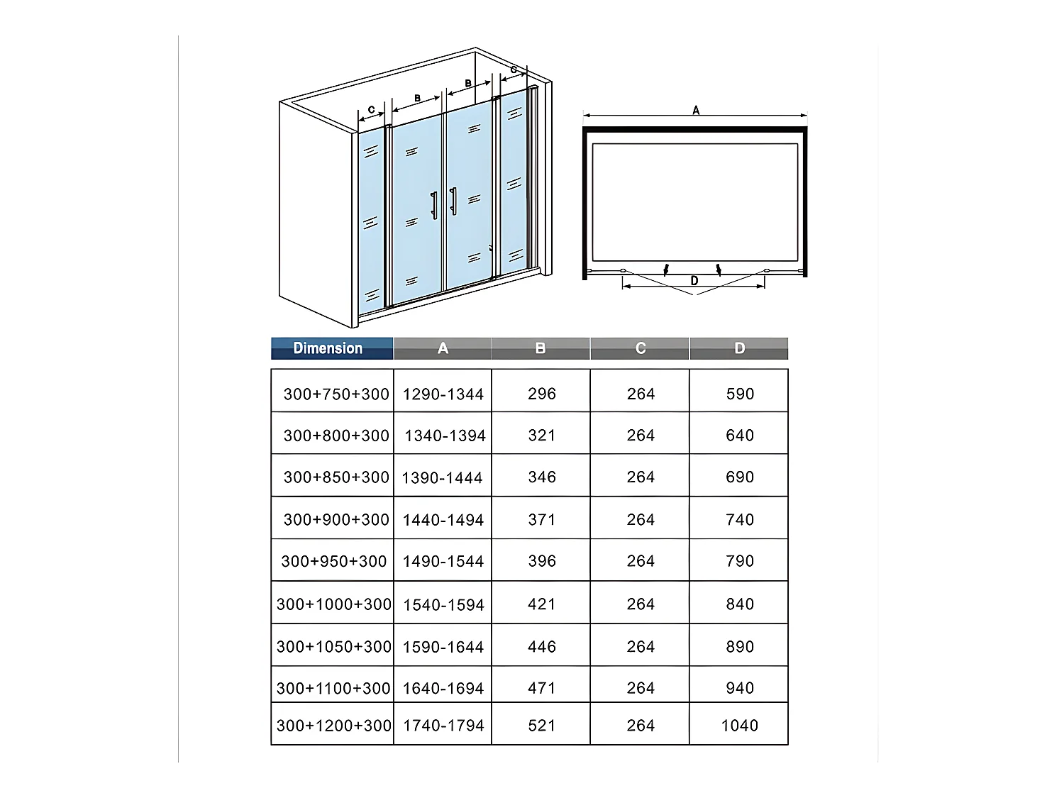 Porte de douche battante H.187cm largeur réglable 159 à 164.4cm, paroi pivotante 180° - Avec 2 éléments fixes - 6mm verre transparent