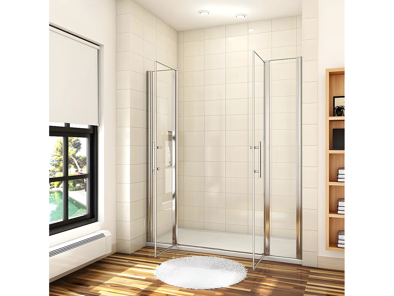 Porte de douche battante H.187cm largeur réglable 159 à 164.4cm, paroi pivotante 180° - Avec 2 éléments fixes - 6mm verre transparent